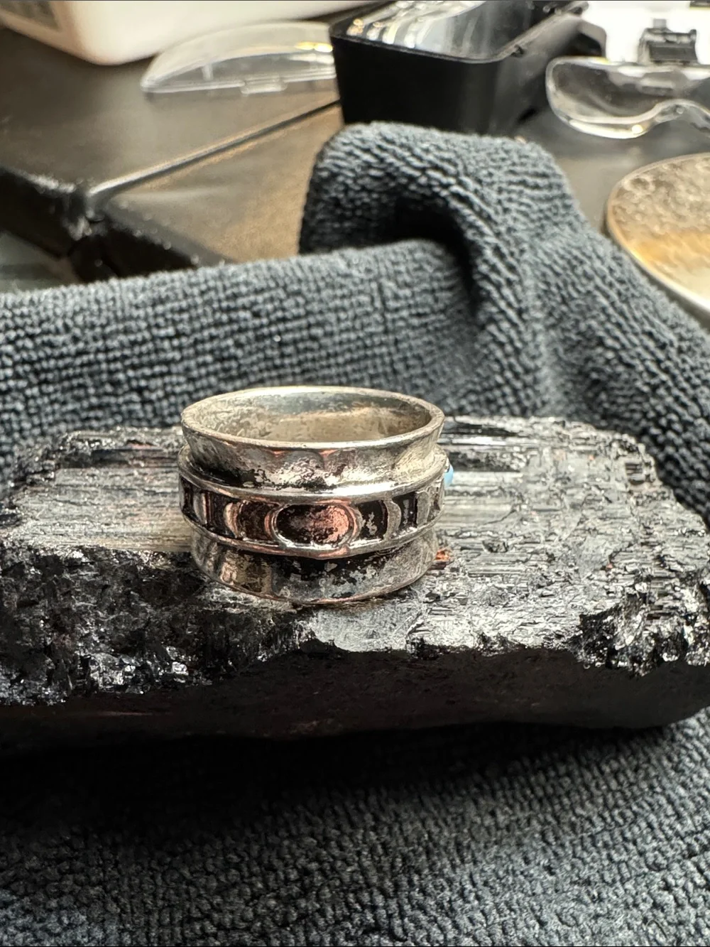 Sterling-Look Silver Band Ring with Blue Opal Accent
